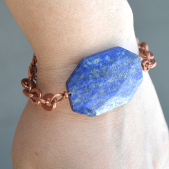 Conceptual Subculture Jewelry - Huge Lapis Lazuli Solid Copper Bracelet Handmade